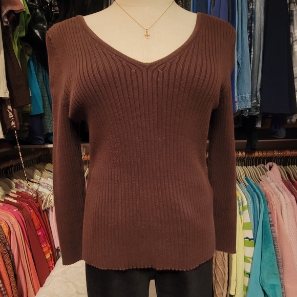 RALPH LAUREN ♡ Gorgeous Vintage Brown V Neck 'n Back Wide Ribbed Knit Sweater S - Picture 4 of 15